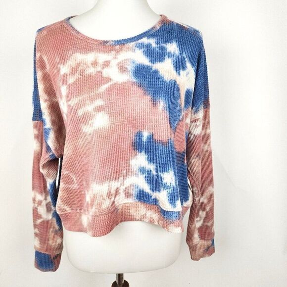 CLOUD CHASER Tie Dye Waffle Knit Long Sleeve Cozy Crop Top Open Back Womens M - Picture 1 of 7